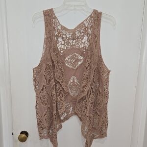 Instie Tan Romantic Crochet Lace Boho Hippie Cottagecore Sleeveless Open Vest